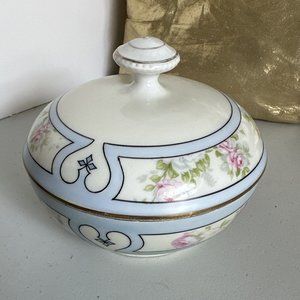 Vintage Favorite Bavaria Powder Bowl Box Trinket Dish Blue Pink Roses Gold Trim